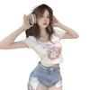 Cartoon Printed Square Neck Front Shoulder Short Sleeve T-Shirt Women's Pure Desire Sweet and Spicy Clavicle Slim Skinny Top