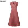 ZANZEA Women Summer Casual V-Neck Short Sleeve Loose Pleated Dress