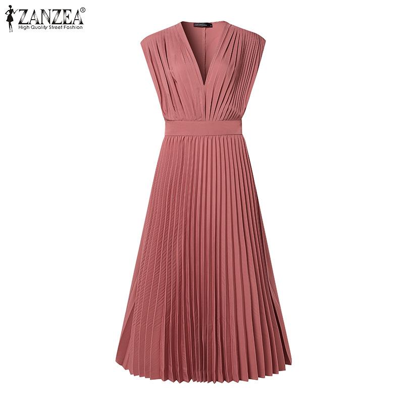 ZANZEA Women Summer Casual V-Neck Short Sleeve Loose Pleated Dress