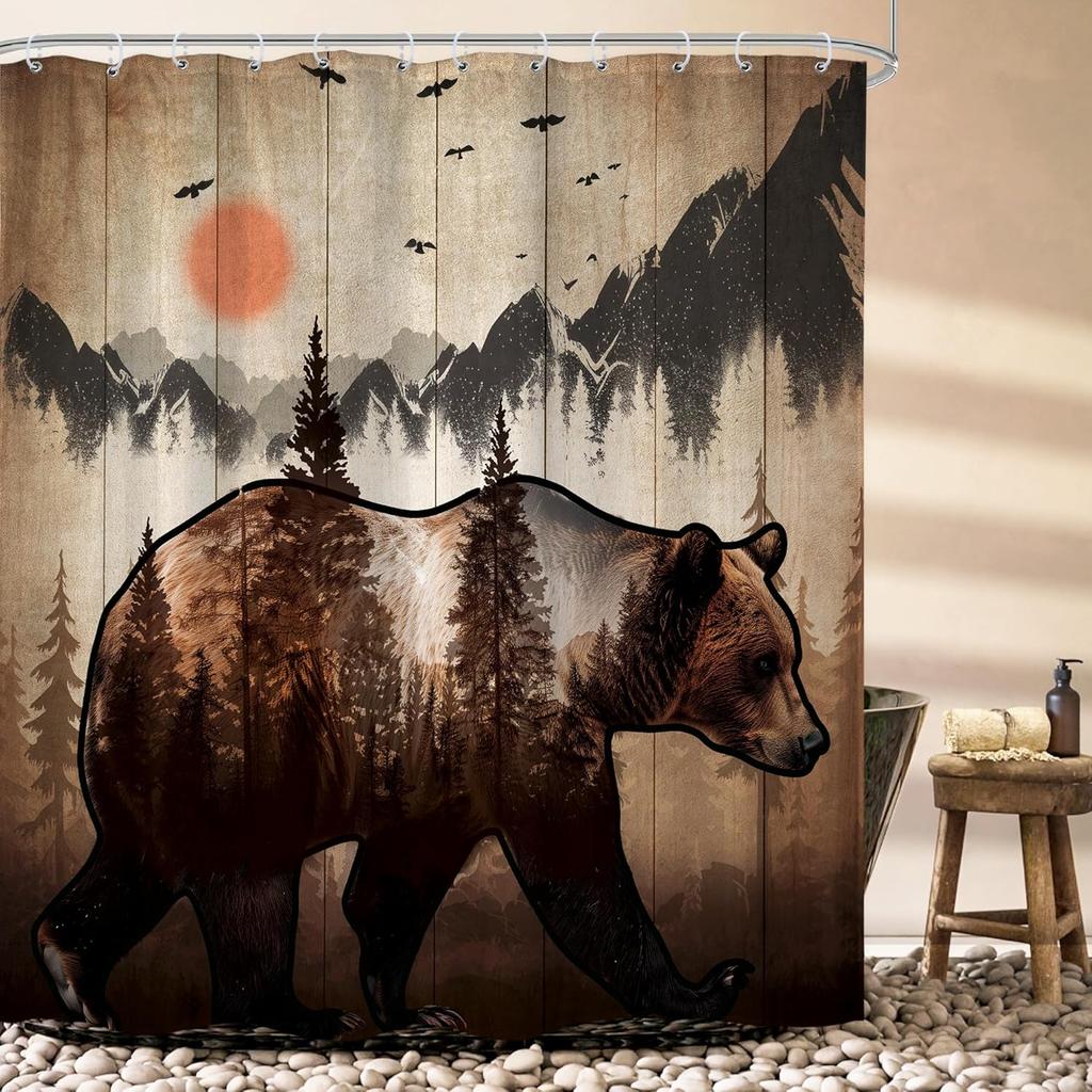 Rustic Bear Cabin Shower Curtain, Western Lodge Mountain Animal Design, Waterproof Polyester With Hooks