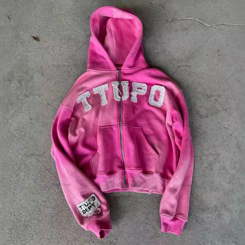 Мужская и женская свободная толстовка с капюшоном на молнии в стиле ретро Y2K в стиле уличной моды с цветными нашивками и вышивкой S розовый 2800₽