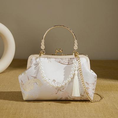 Fashi Clip-On Chinese Evening Bag With Ctrasting Flower Print, Pearl Chain Handbag, Elegant Crossbody Bag for Daily Travel