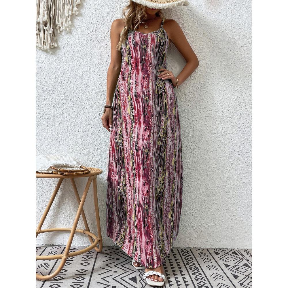 women s Printed Spaghetti Strap Maxi Dress Casual Loose Summer Long Beach Dress S бордовый