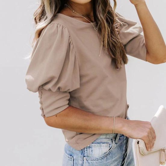 Women Top Round Neck Patchwork Lantern Sleeves Solid Color Loose OL