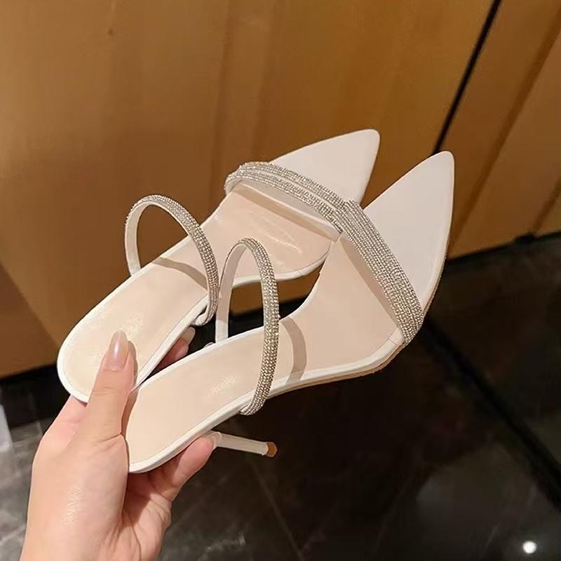 Stunning Black Strap Diamond Open Toe Ultra High Heel Slippers Pointed Toe Thin Heel Fashionable Outdoor Sandals for Women