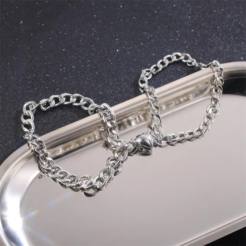 Fashion Simple Heart Shape Magnetic Couple Bracelet Silver Color Personality Vintage Women Man Promise Bracelet Lover Jewelry