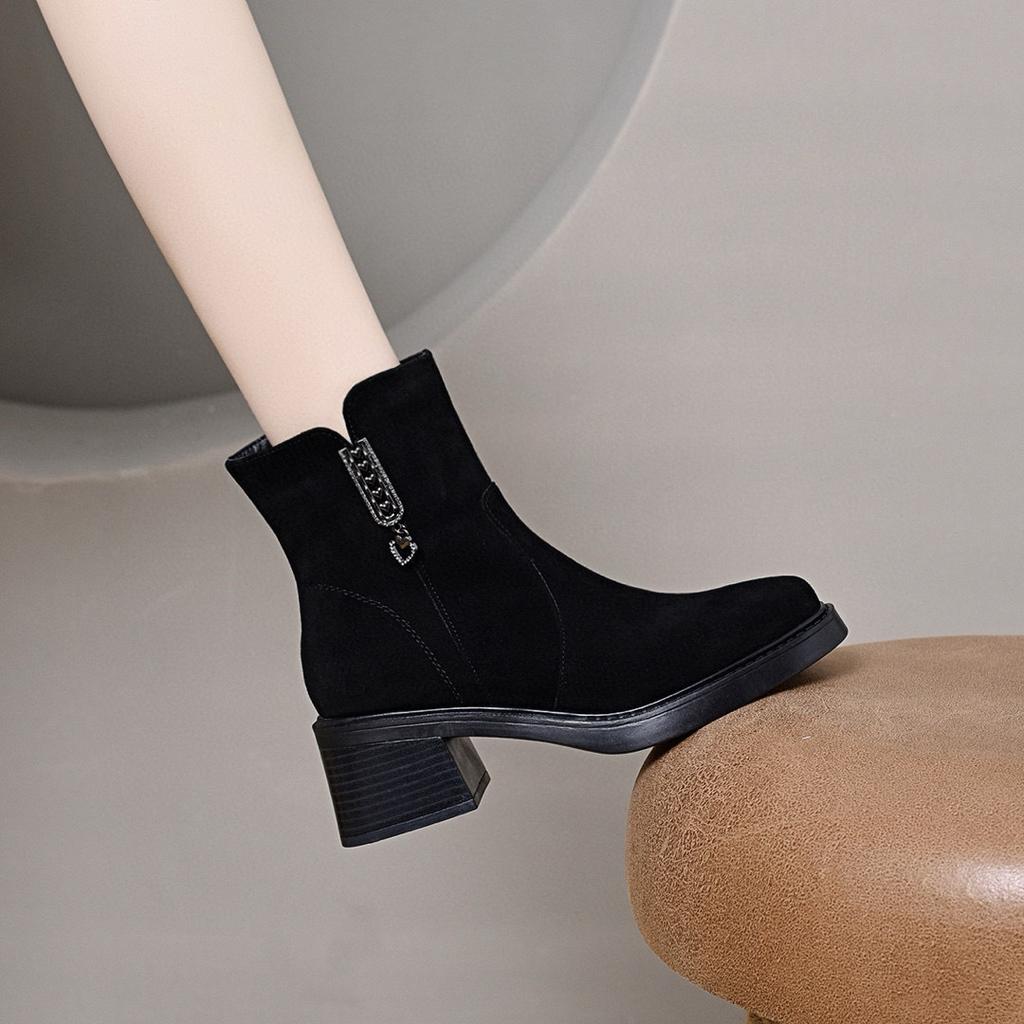 Short boots women's autumn and winter new round head thick heel fashion boots rhinestone love side zipper leather boots cotton boots