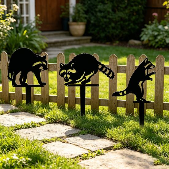 Cute Raccoon Metal Garden Stake Black Raccoon Silhouette Decorative Yard Art for Garden Lawn Pathway Decor Gift for Nature Wildlife Lovers