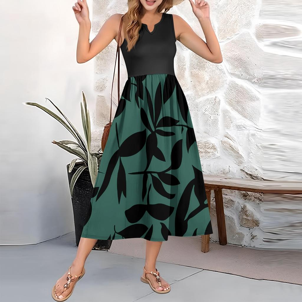 Women's Floral Print High Waist Fashionable And Elegant Sleeveless Dress