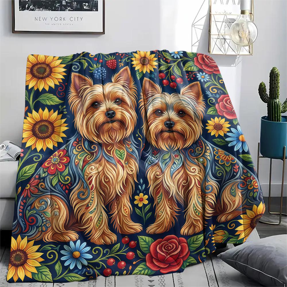 Sunflower Flowers and Puppies Print Flannel Blanket,High Quality Comfortable for All Seasons,Home Decor,Warmth and Comfort,Perfect for Christmas Gifts