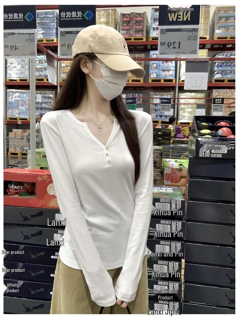 Lässiges V-Ausschnitt Langarm Hemd mit Knöpfen für Damen