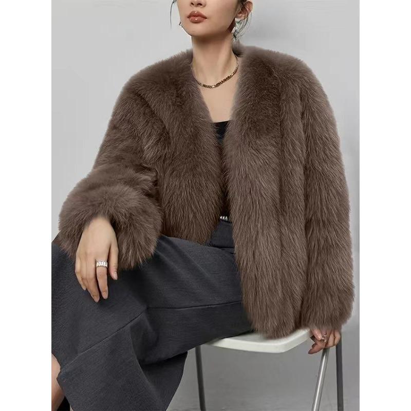 Fur V-neck faux fur jacket short fashion fox fur jacket fluffy plush women's clothing