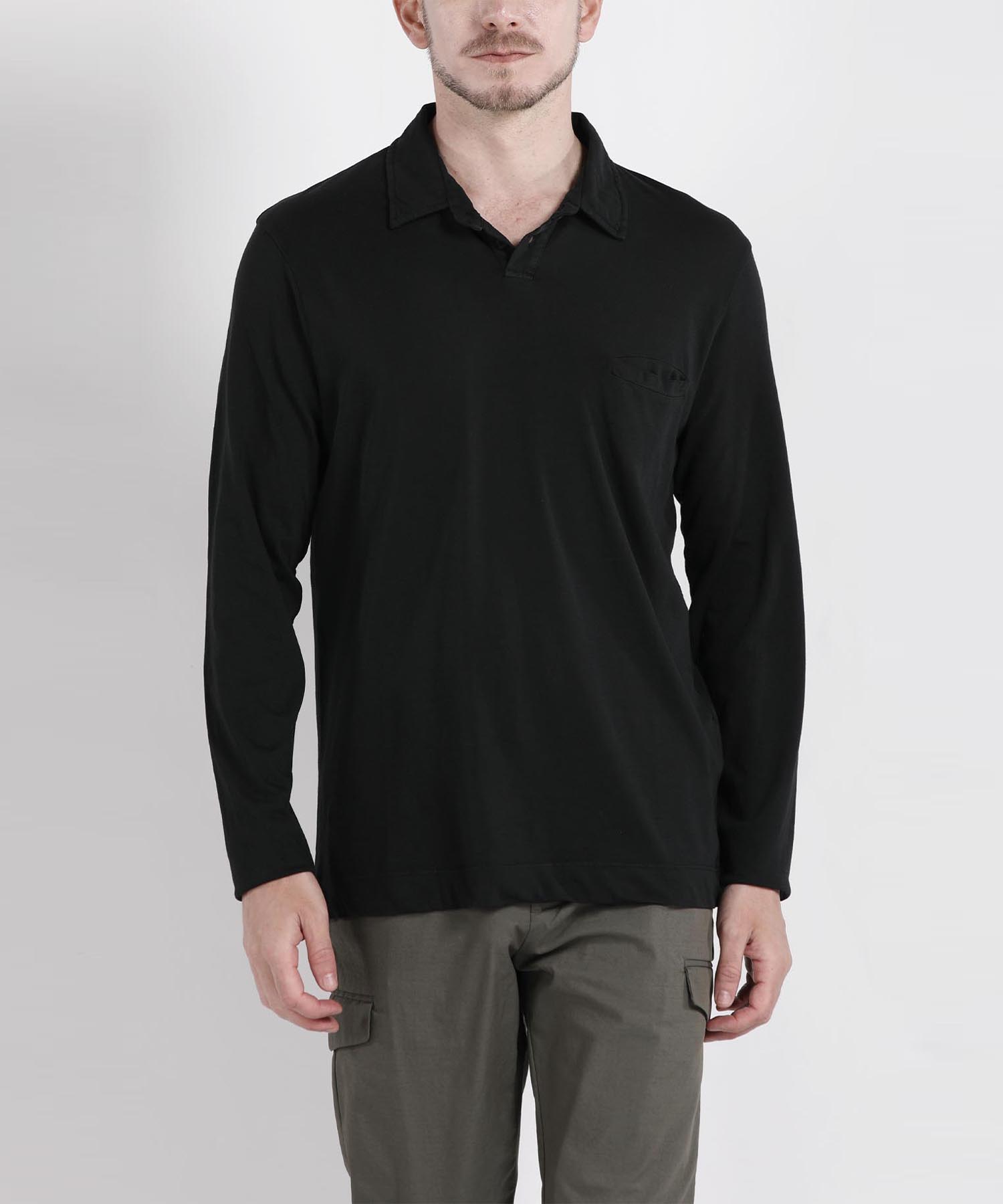 Slim Fit Cotton Long Sleeve Polo Shirt [Black] Black/S