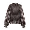European and American Women's Clothing 1116 Spring New Product Stand-up Collar Plaid Versatile Bubble Sleeves Long-sleeved Shirt Top Women