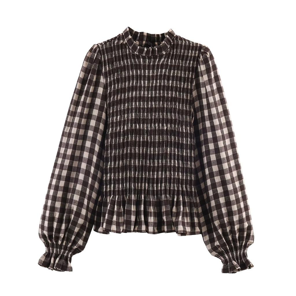 European and American Women's Clothing 1116 Spring New Product Stand-up Collar Plaid Versatile Bubble Sleeves Long-sleeved Shirt Top Women