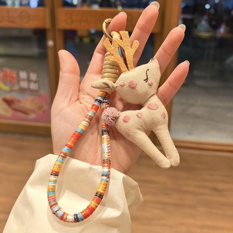 Cute Fabric Deer Bag Charm, Handmade Plush Deer Keychain with Colorful Braided Rope