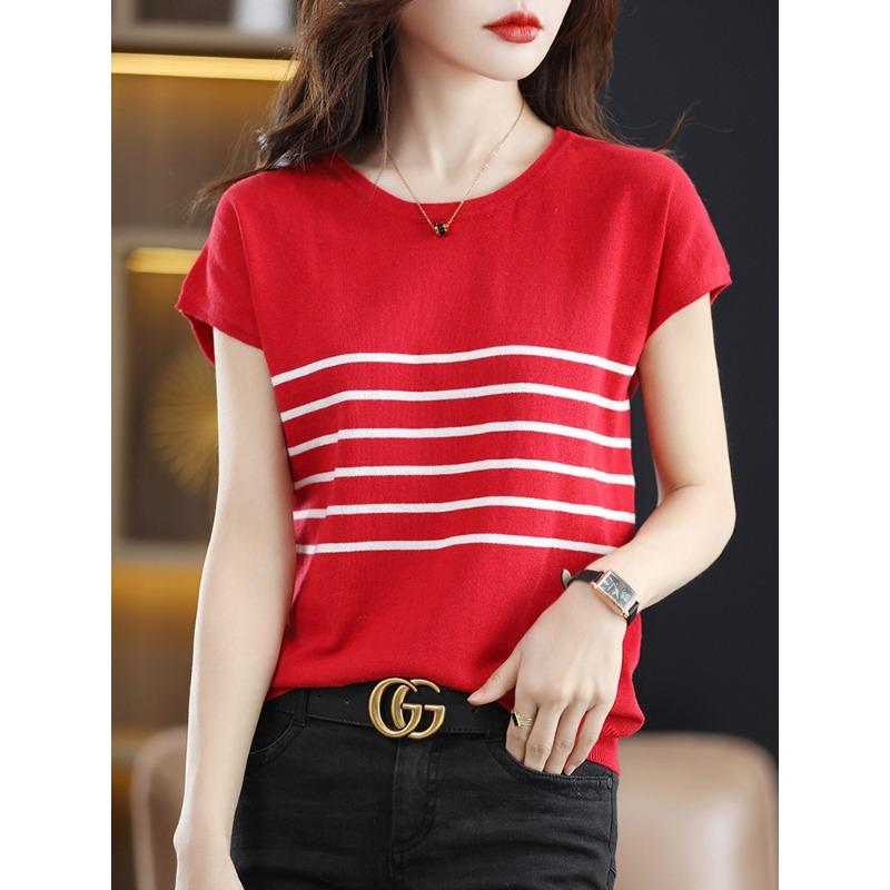 Pure Cotton Round Neck Striped Sweater T-shirt for Women In Summer New Simple and Versatile Short-sleeved Soft Top
