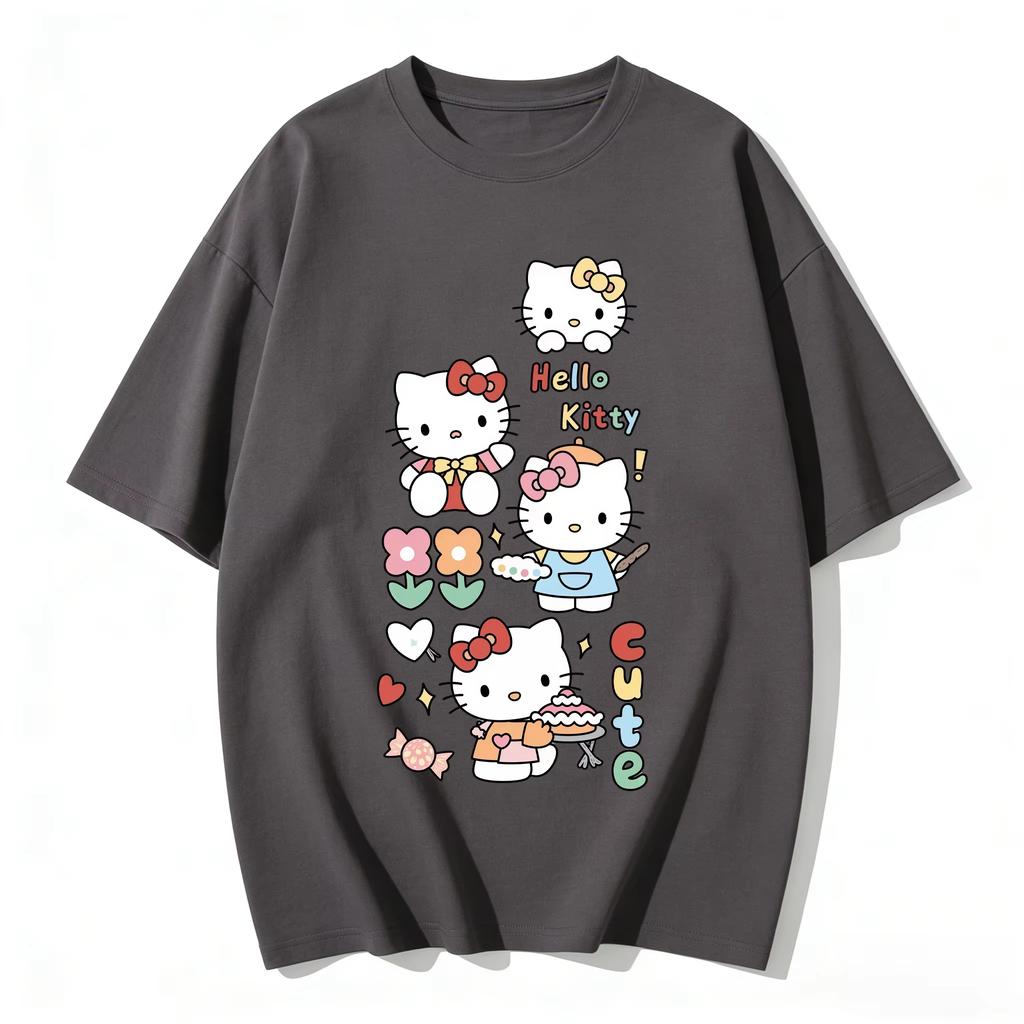 2026 Hello Kitty Cartoon Printed Short Sleeve Summer Comfortable summer Womens Tshirt loose and fashionable