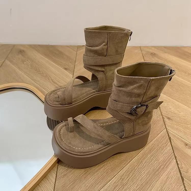 [Fanfna] Summer new retro platform Roman cool boots women's fashion set toe high-top sandals heightening short boots