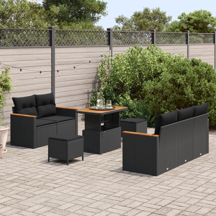 Ensemble de canapé de jardin 8 pièces avec coussins noir poly rotin acacia, Ensemble de salle à manger de jardin 3 pièces 3364939