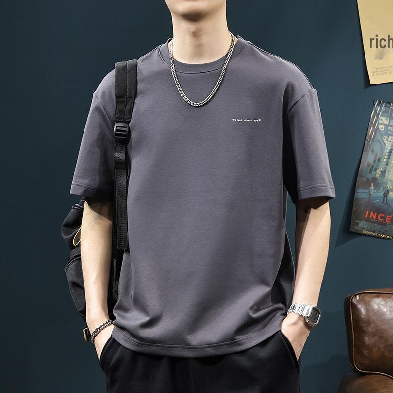 2025 Men's Summer Heavyweight Drop Shoulder T-Shirt - Trendy American Style Casual Solid Color Half Sleeve Top
