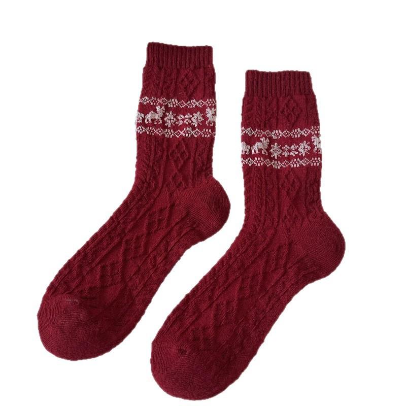 Wool Socks for Women, Mid-calf Socks for Autumn and Winter, Thickened Cashmere for Warmth, Christmas Snowflake Reindeer Long Calf Socks