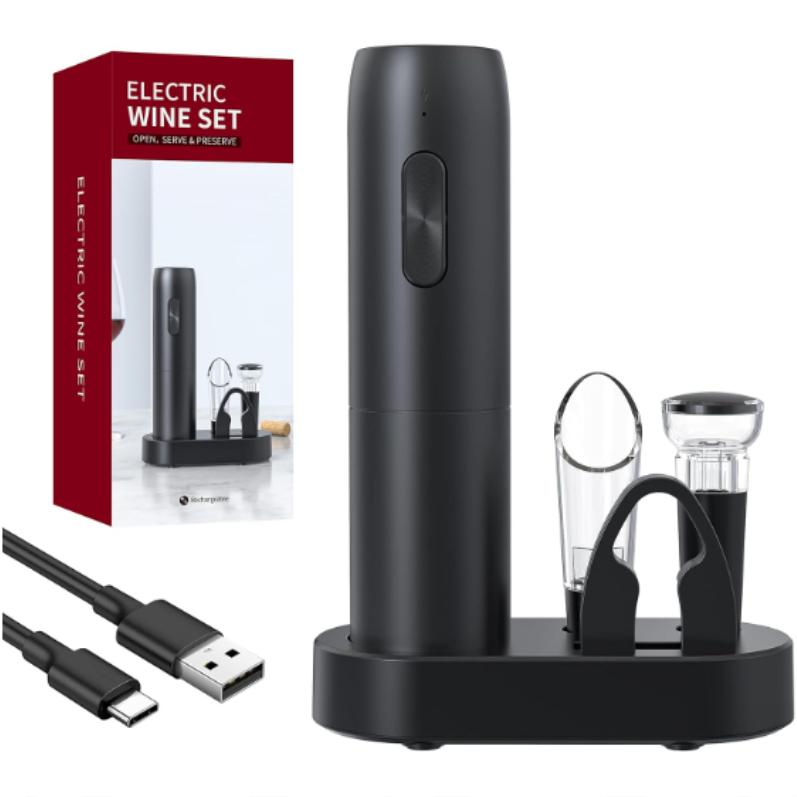 Electric Wine Bottle Opener Set, 5-in-1 Rechargeable Wine Gift Set with Charging Station, Foil Cutter, Aerator Pourer, Wine Stopper чёрный