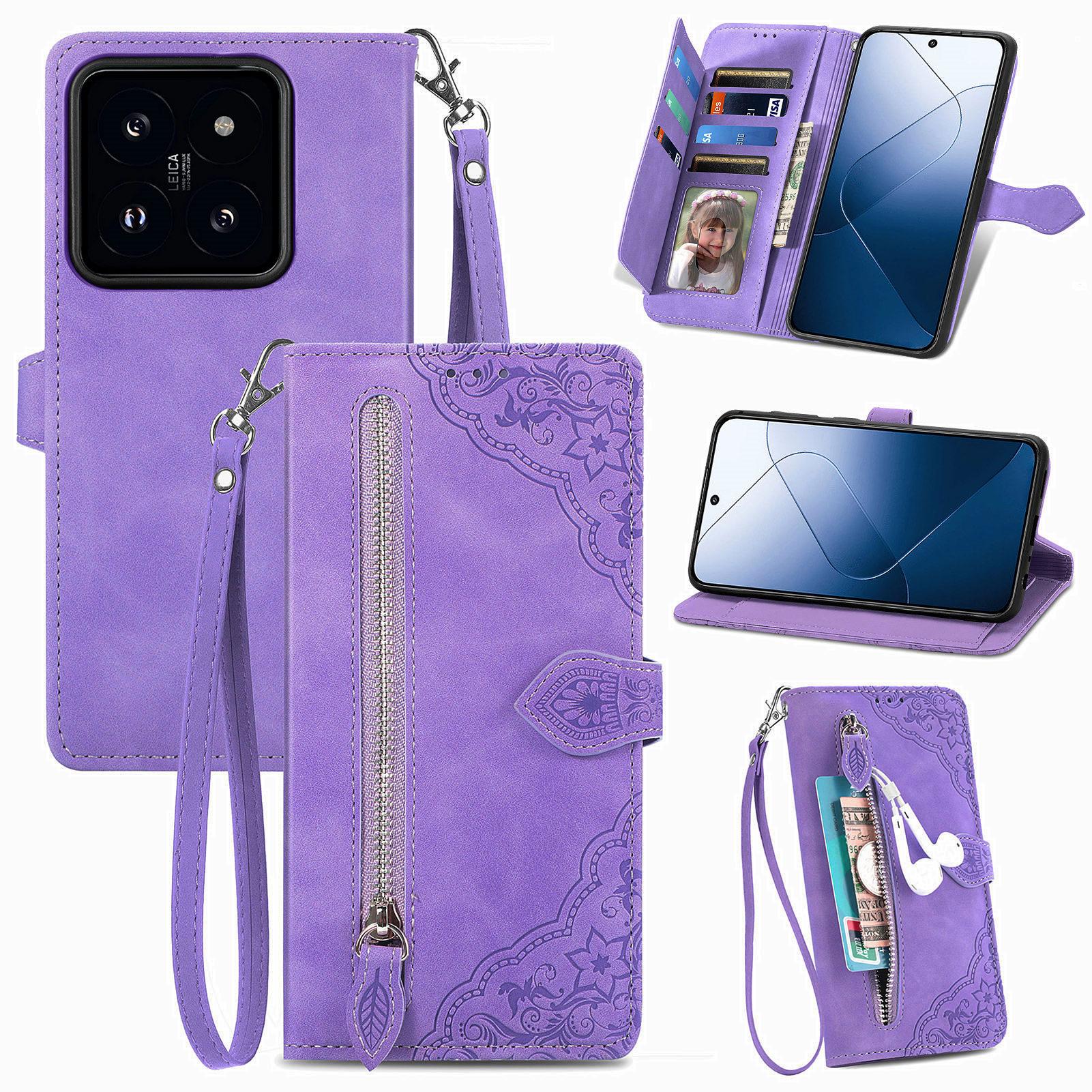 

For Xiaomi 14T Zipper Wallet Case with Strap Flower Imprint PU Leather Phone Cover Light Purple