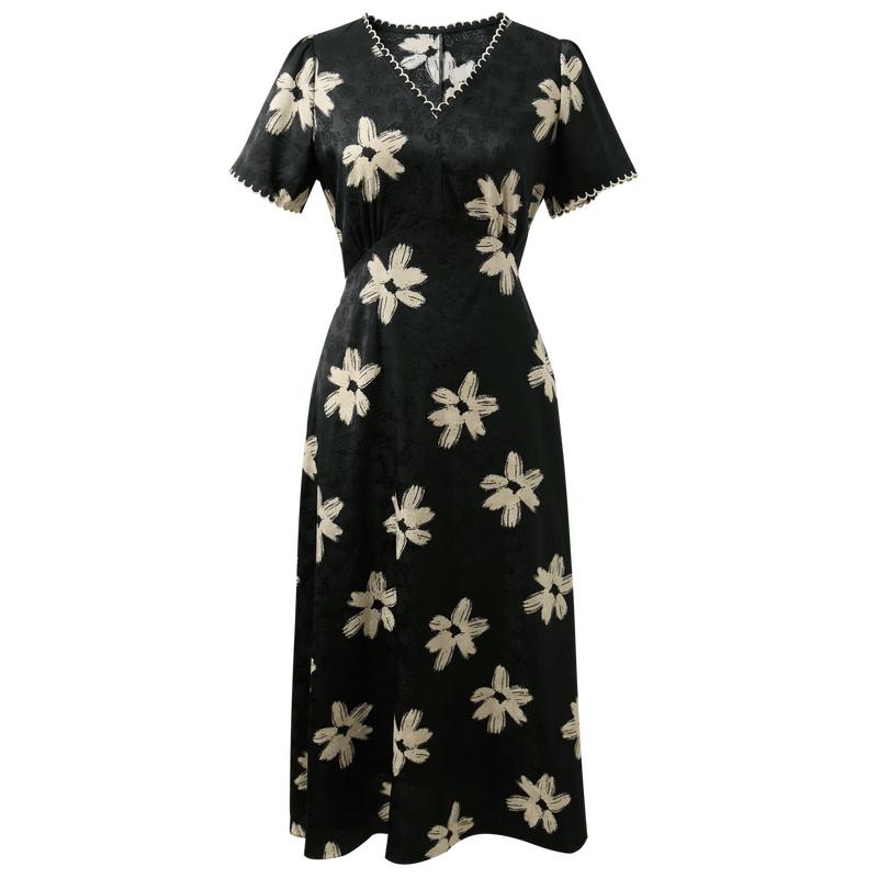 Sancai V-Neck Short Sleeve Jacquard Print A-Line Dress L