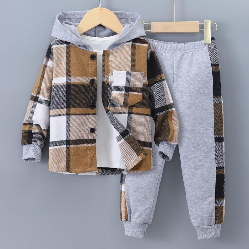 Kids Clothes Autumn/Winter Boys' Long-Sleeved Checkered Contrast-Colour Hooded Two-Piece Set (Top + Trousers)