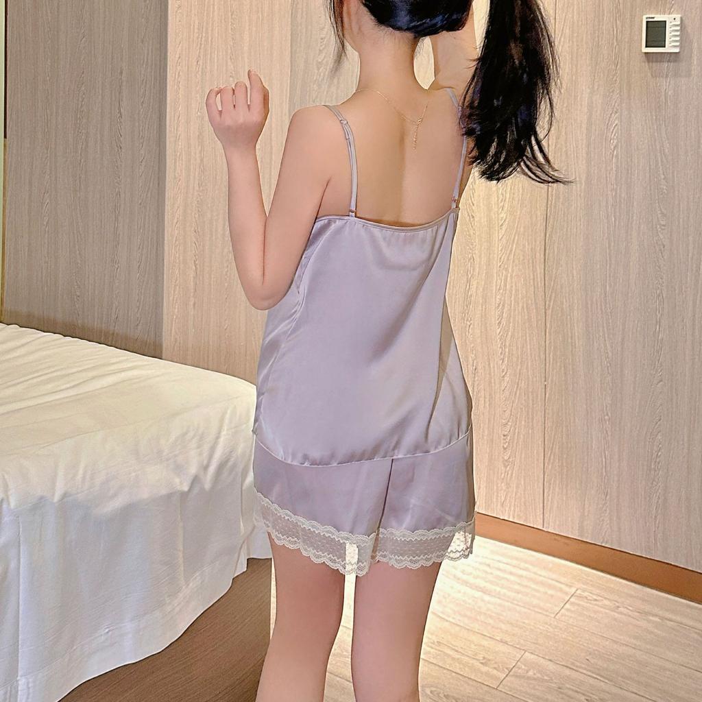 Sexy pajamas women's ice silk summer thin new lace pure desire wind suspender shorts silk loungewear