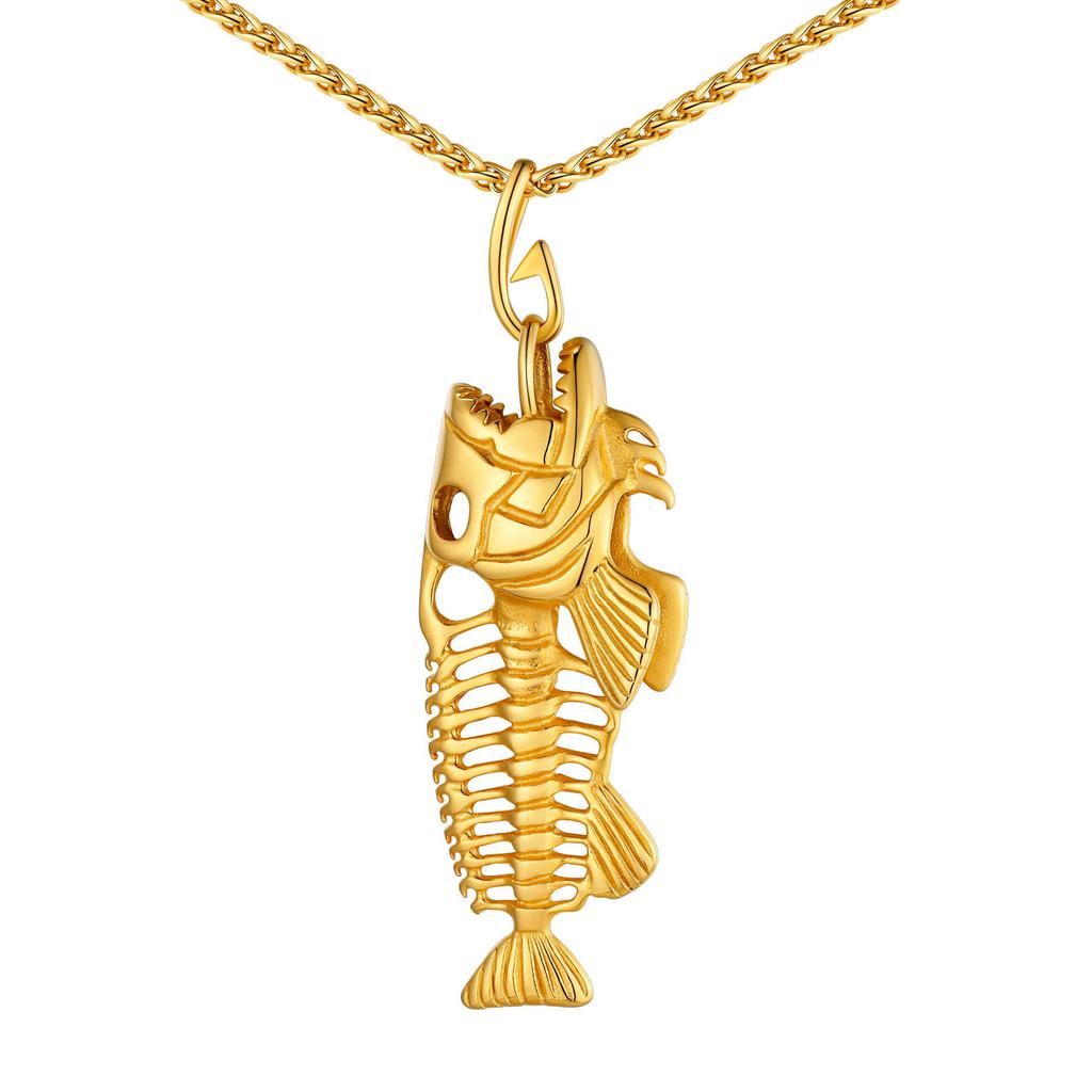Fischgräten Anhänger Halsketten Edelstahl Gotischer Angel Schmuck Geschenk für Angelbegeisterte für Ehemann Vater