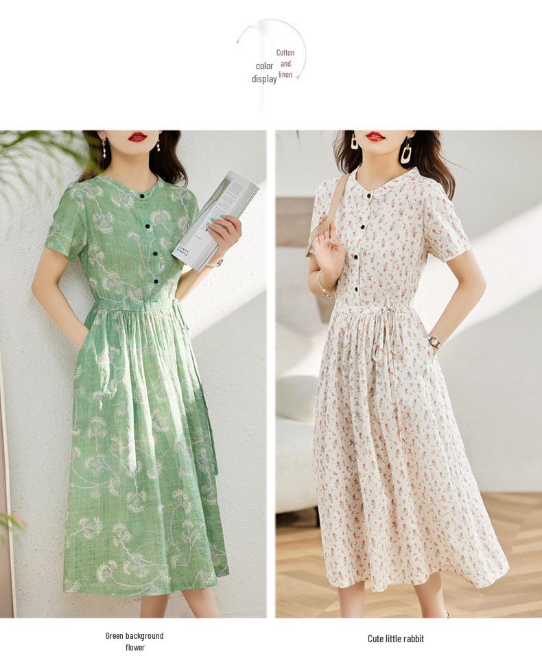 Dámské letní 2025 květinové bavlněné lněné šaty - Krátký rukáv, zeštíhlující pas, dlouhá délka, omlazující, módní ležérní oblečení pro matky