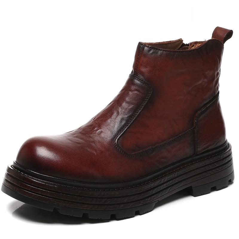 Fashion Golden Sapling New Arrival Men's Motorcycle Boots Winter Genuine Leather Male Streetlish Shoes Non-slip Man Retro Ankle Zip Boot