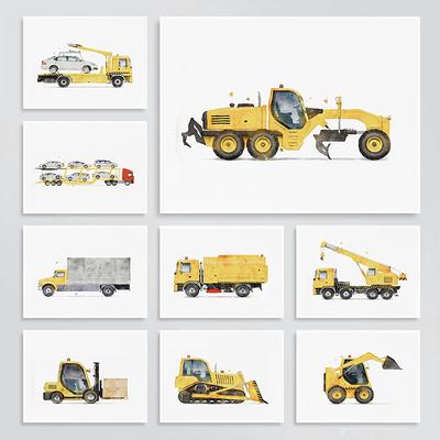 Retro Žluté Auto Nákladní Auto Bagr Buldozer Transporter Akvarelový Umělecký Plakát Obrazy na Plátně Nástěnné Umělecké Obrázky Domácí Dekorace