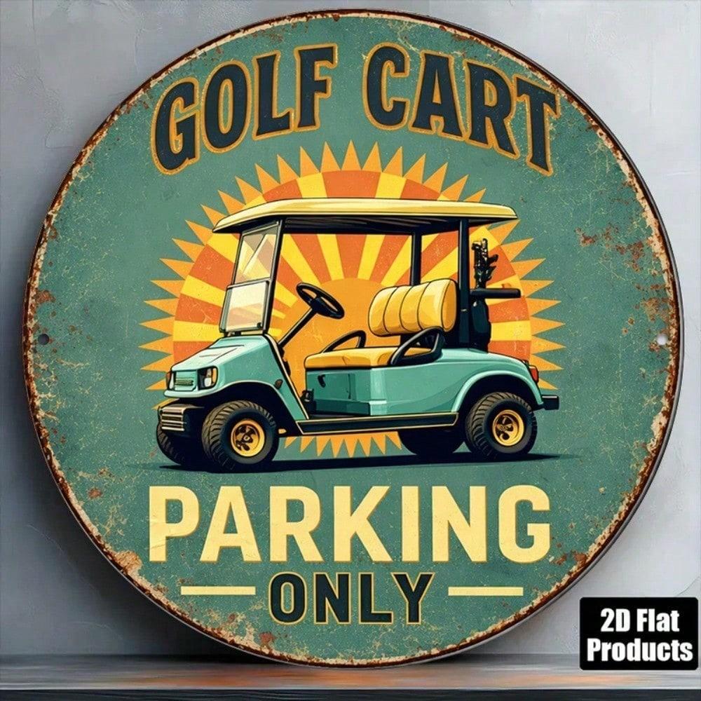 1pc Retro Golf Cart Parking Vintage Round Metal Plaque English Wall Decor For Garage Bar Club