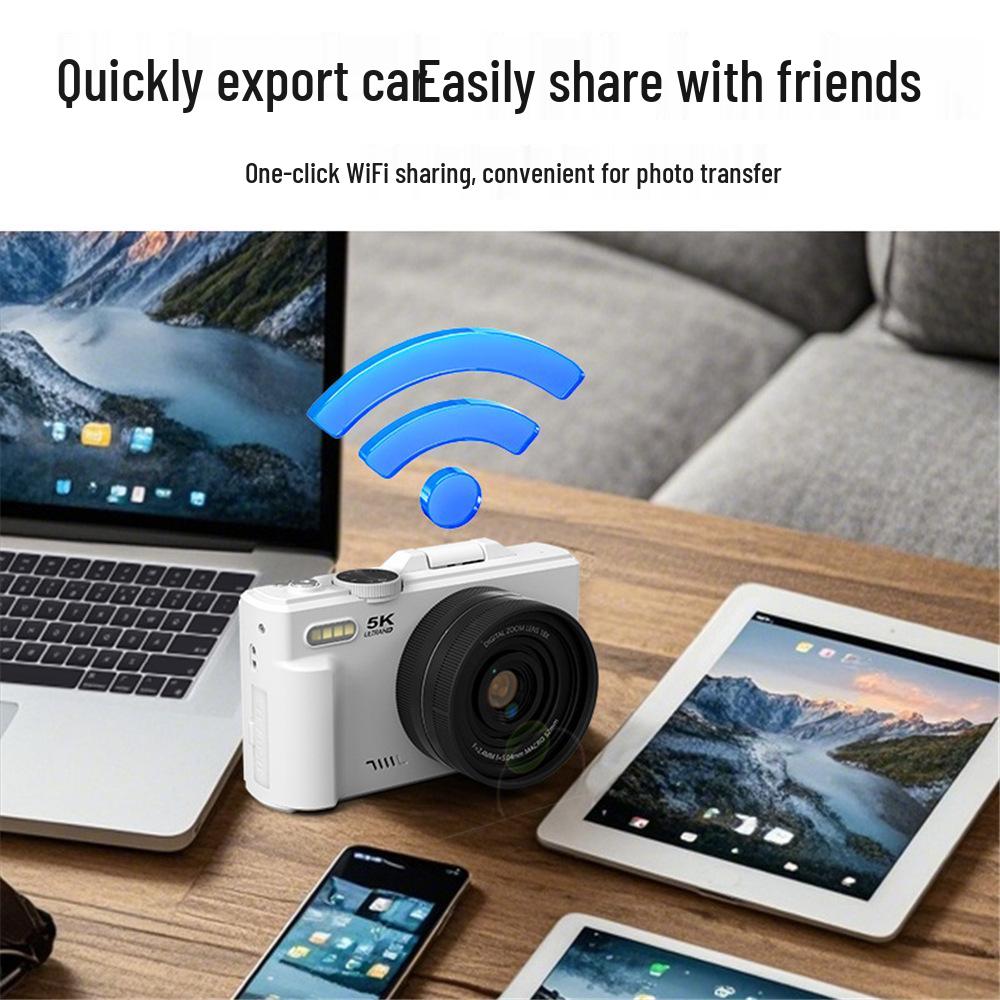 5K HD Flip Screen Camera WD08 with WiFi, Autofocus, Beauty Filters, Retro Mirrorless Design.