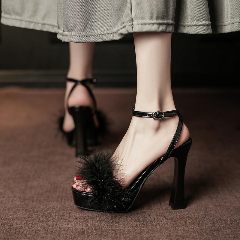 Pantofi de vară la modă, sexy, cu vârf pătrat, cu cataramă de păr, caise, negri, cu toc gros, sandale cu toc înalt, pantofi de petrecere pentru femei, pantofi de nuntă