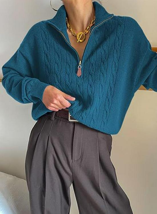 Women's Half-High Collar Zipper Ribbed Knit Pullover Sweater, Short-Sleeve, Loose Fit, 2025 Autumn/Winter Collection.
