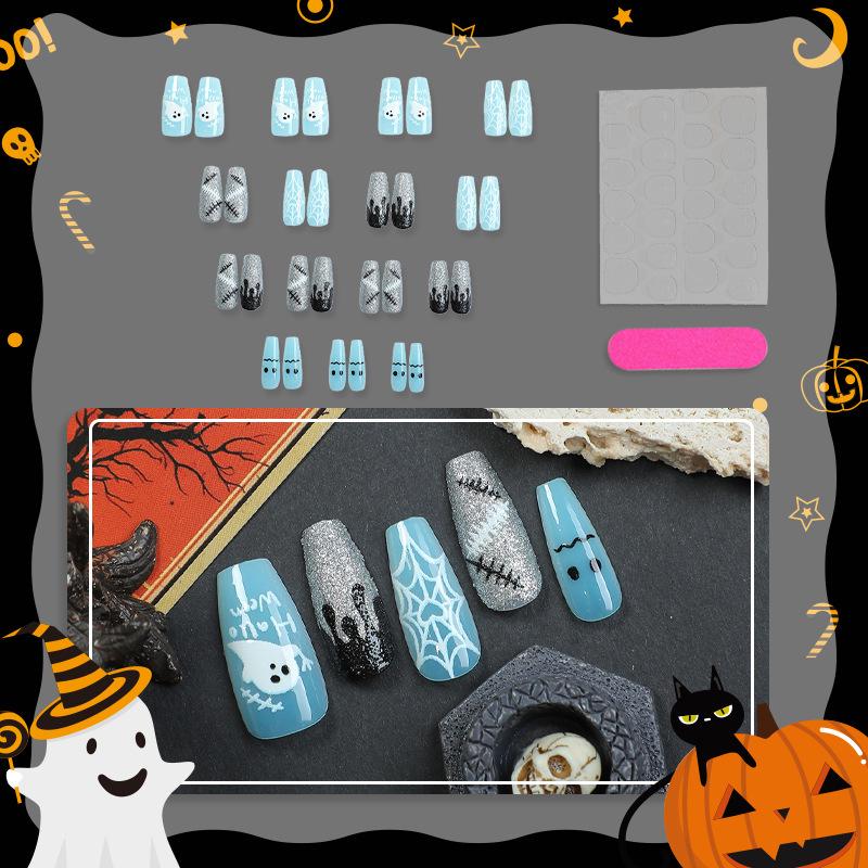 30-Piece European & American Halloween Medium Length Glitter Ghost Nails