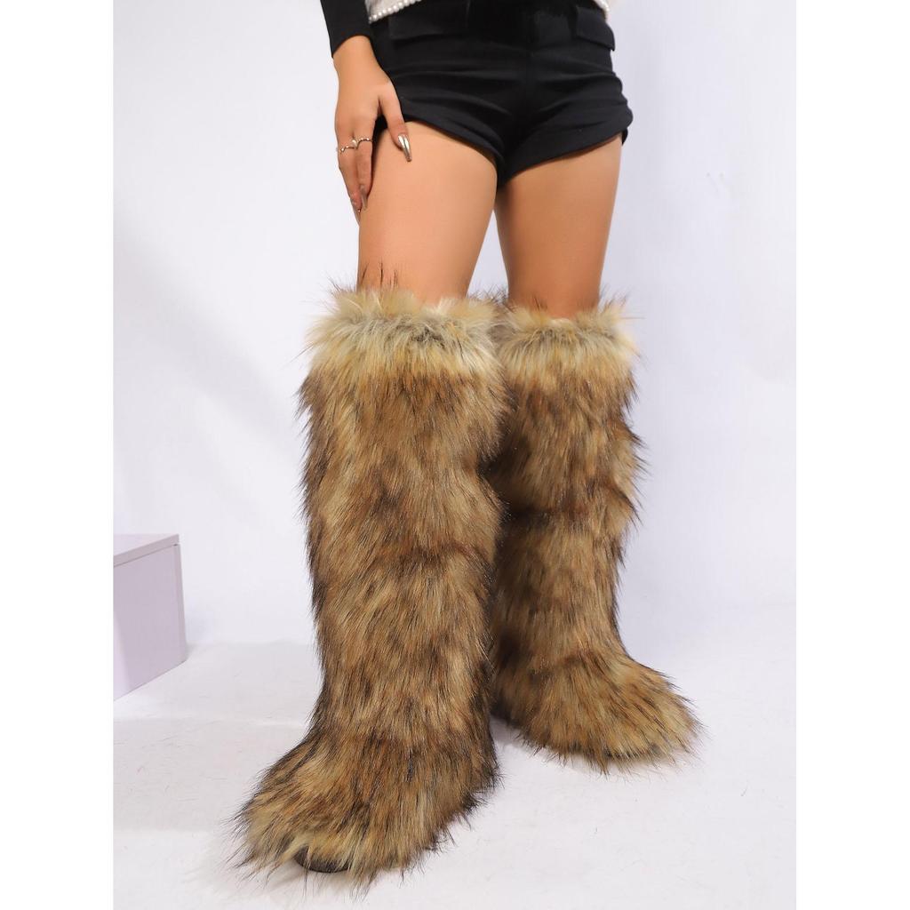 Damen Flauschige Kunstfell Hoher Schaft Schneestiefel Langfell Mongolische Wollstiefel Kniehohe Stiefel Knöchel Schneestiefel