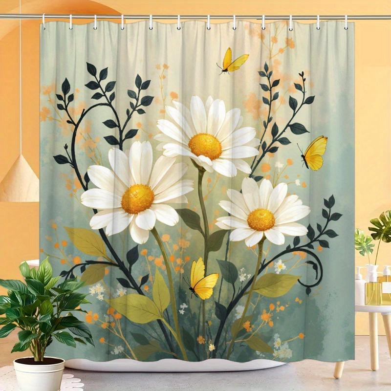 1pc Floral Daisy Shower Curtain - White & Yellow Swirls, Black Vines, Green Background, 70x70In, 12 Hooks, Polyester, Easy Clean
