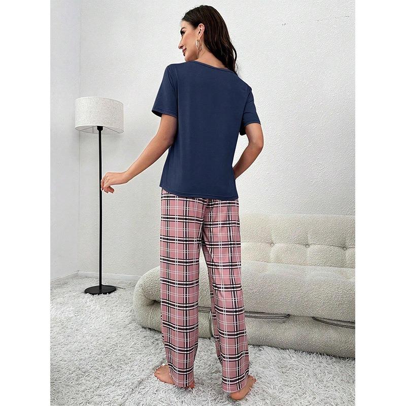 Damen Lässiges Kariertes Taschen-Kurzarm-Langhosen-Pyjama-Set Loungewear