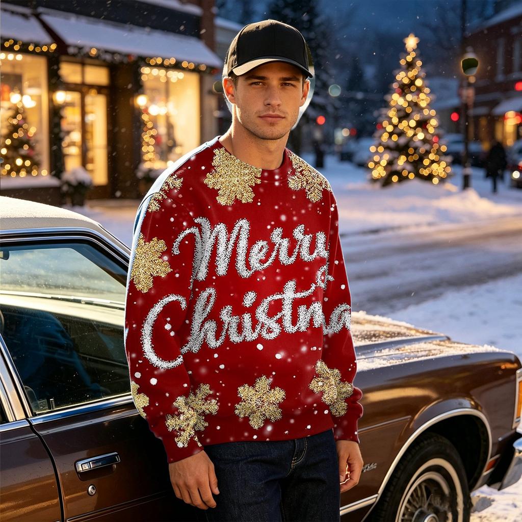 Men's Casual Loose Fit Long Sleeve Round Neck Printed Top for Everyday Wear