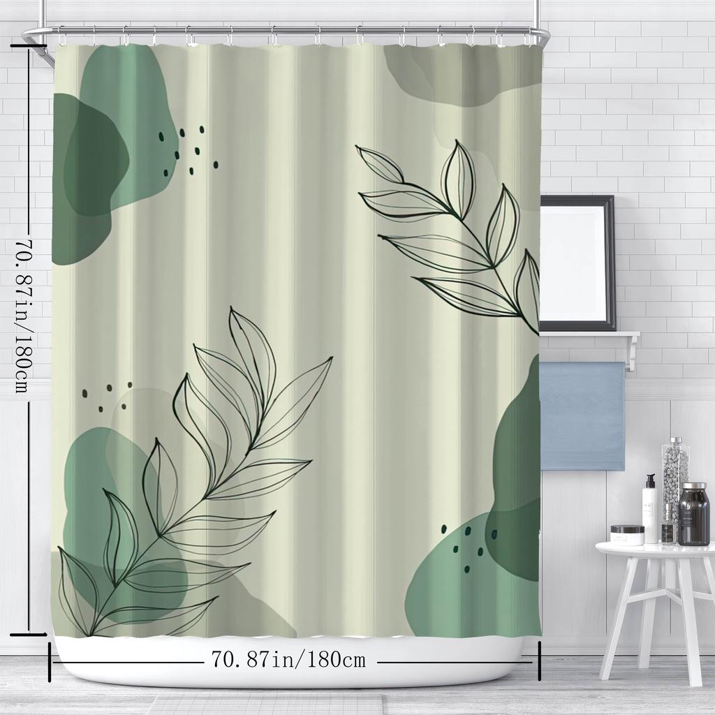 1pc Modern Green Leaf Pattern Digital Print Shower Curtain, Waterproof Bathroom Decor, Home Spa Decoration With Hooks