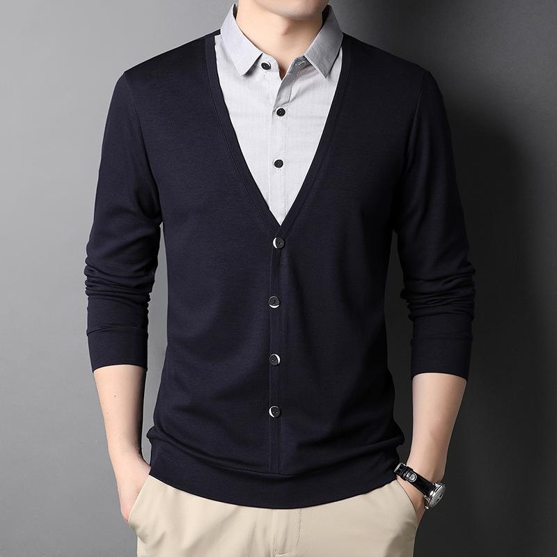Fake Two-piece Sweater Shirt with Autumn and Winter Men's Business Bottoming Shirt Casual Sweater Long Sleeves
