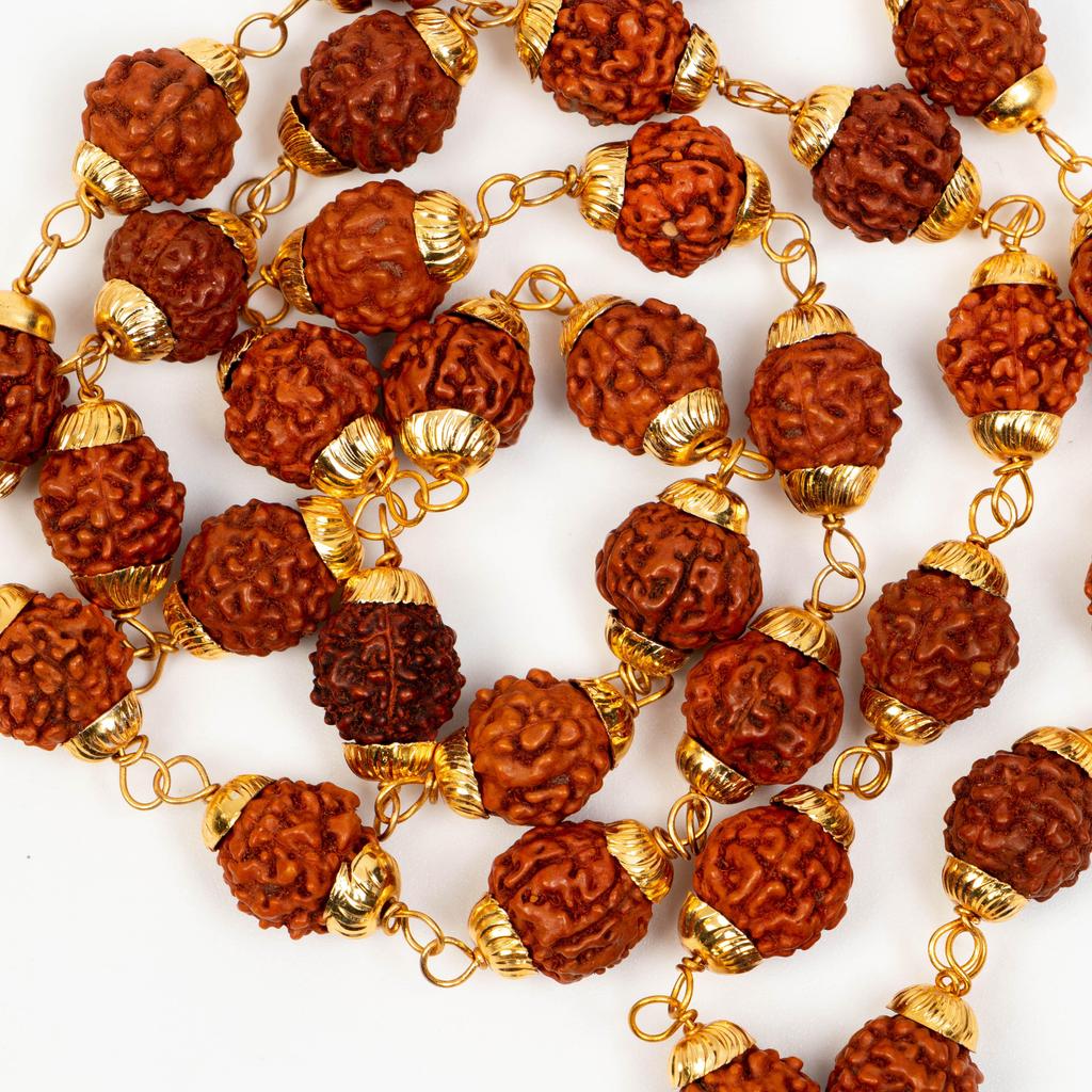 Rudraksha Mala with Brass Caps & Shiva Trishul | Natural Rudraksha Beads Necklace | Hindu Prayer Jewelry | Healing Mala | Unique Religious Gift