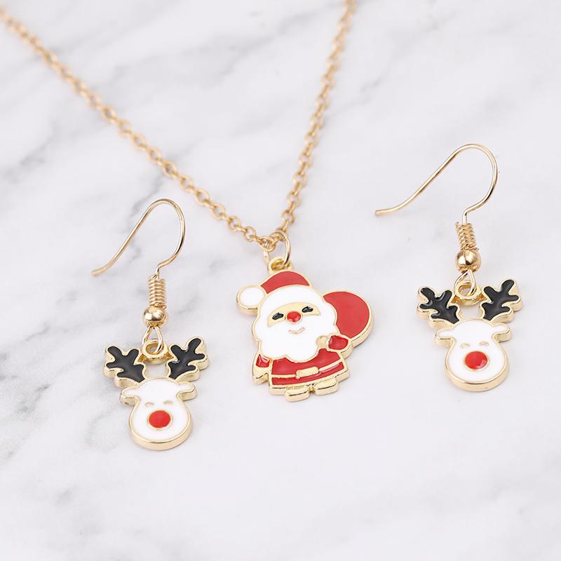 Christmas Collection Jewelry Set Reindeer Head Drop Earrings Santa Claus Charm Necklace Xmas Gift For Women Girls