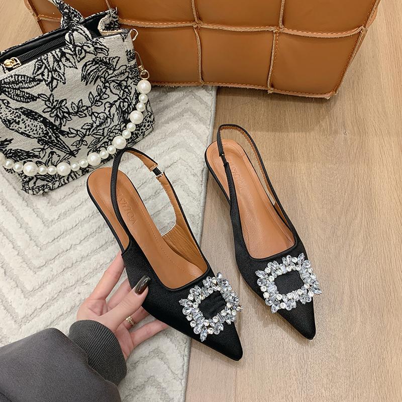 Classic Elegant Slingback Sandals Women Rhinestone Buckle Back Strap Flat Ballet Design High Heel Shoes Brand Mule Office Mujer