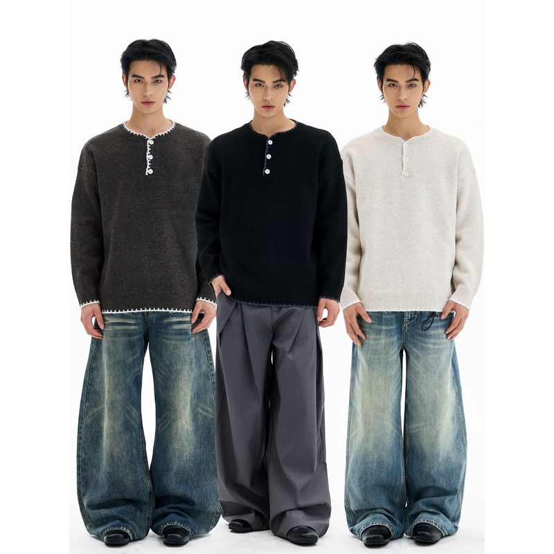 Kisko American-Style Henry Collar Hand-Stitched Wool Blend Knit Sweater for Men and Women, High-End Lazy Base Layer Top